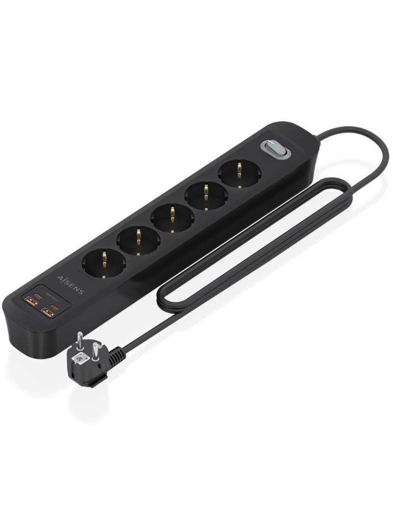 Regleta con Interruptor Aisens A154-0536/ 5 Tomas de Corriente/ 2 USB - 2 USB Tipo-C/ Cable 1.4m/ Negro