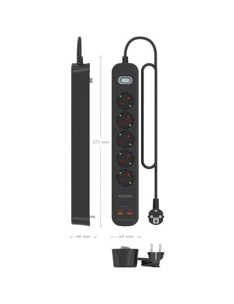 Regleta con Interruptor Aisens A154-0536/ 5 Tomas de Corriente/ 2 USB - 2 USB Tipo-C/ Cable 1.4m/ Negro