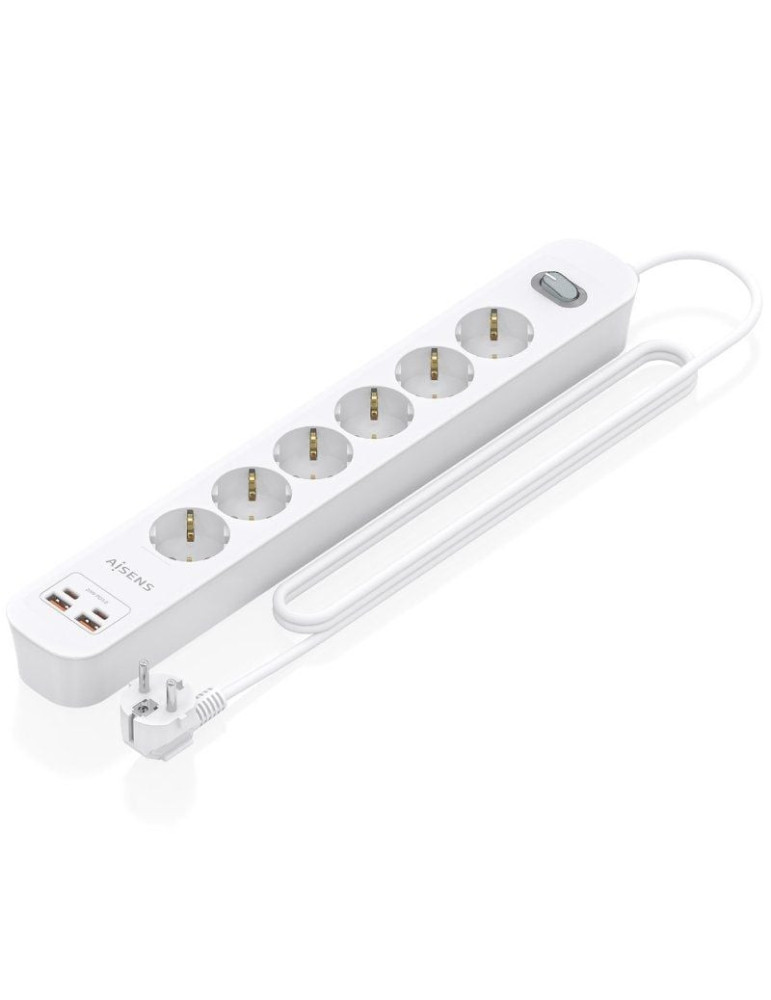 Regleta con Interruptor Aisens ASPS-2A2C16-W/ 6 Tomas de Corriente/ 2 USB - 2 USB Tipo-C/ Cable 1.4m/ Blanco