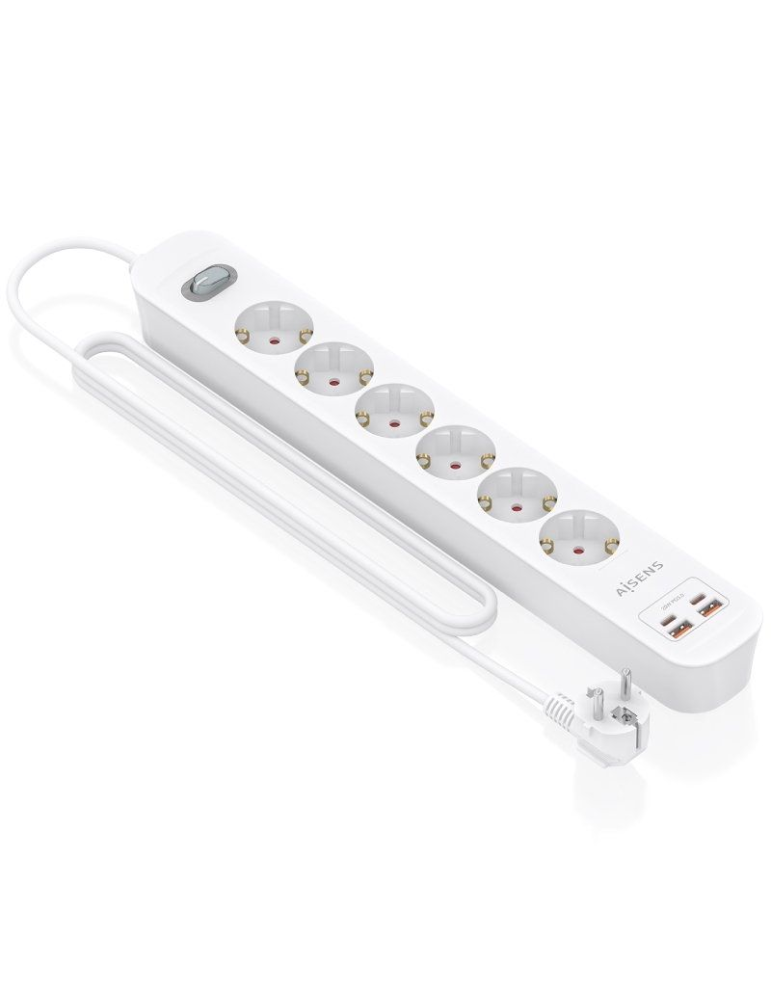 Regleta con Interruptor Aisens ASPS-2A2C16-W/ 6 Tomas de Corriente/ 2 USB - 2 USB Tipo-C/ Cable 1.4m/ Blanco