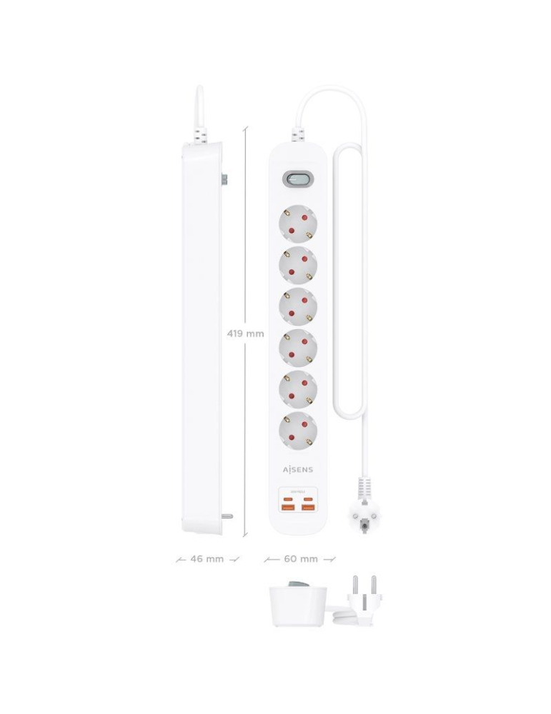 Regleta con Interruptor Aisens ASPS-2A2C16-W/ 6 Tomas de Corriente/ 2 USB - 2 USB Tipo-C/ Cable 1.4m/ Blanco