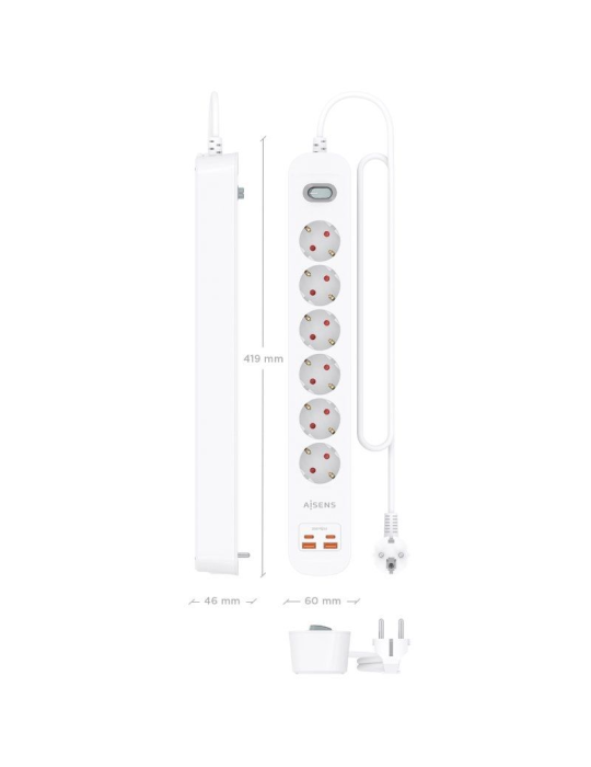 Regleta con Interruptor Aisens ASPS-2A2C16-W/ 6 Tomas de Corriente/ 2 USB - 2 USB Tipo-C/ Cable 1.4m/ Blanco