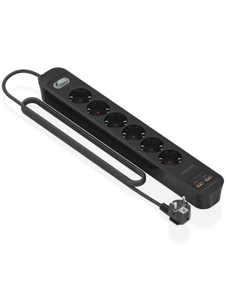 Regleta con Interruptor Aisens ASPS-2A2C17-BK/ 6 Tomas de Corriente/ 2 USB - 2 USB Tipo-C/ Cable 1.4m/ Negro