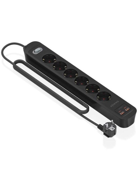 Regleta con Interruptor Aisens ASPS-2A2C17-BK/ 6 Tomas de Corriente/ 2 USB - 2 USB Tipo-C/ Cable 1.4m/ Negro