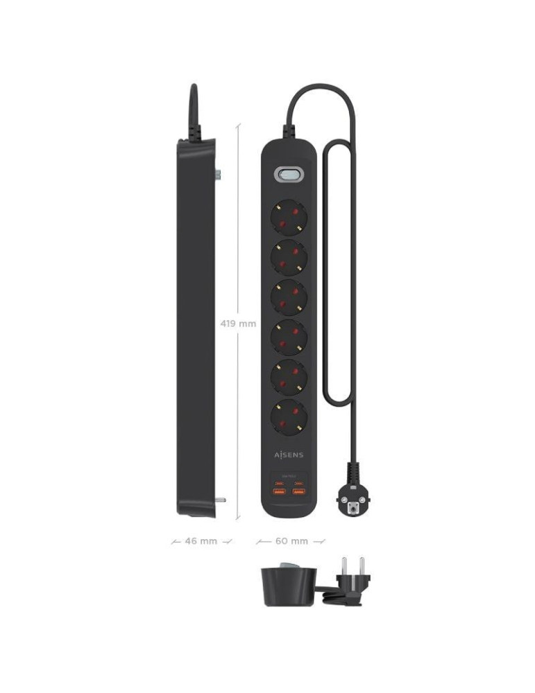 Regleta con Interruptor Aisens ASPS-2A2C17-BK/ 6 Tomas de Corriente/ 2 USB - 2 USB Tipo-C/ Cable 1.4m/ Negro