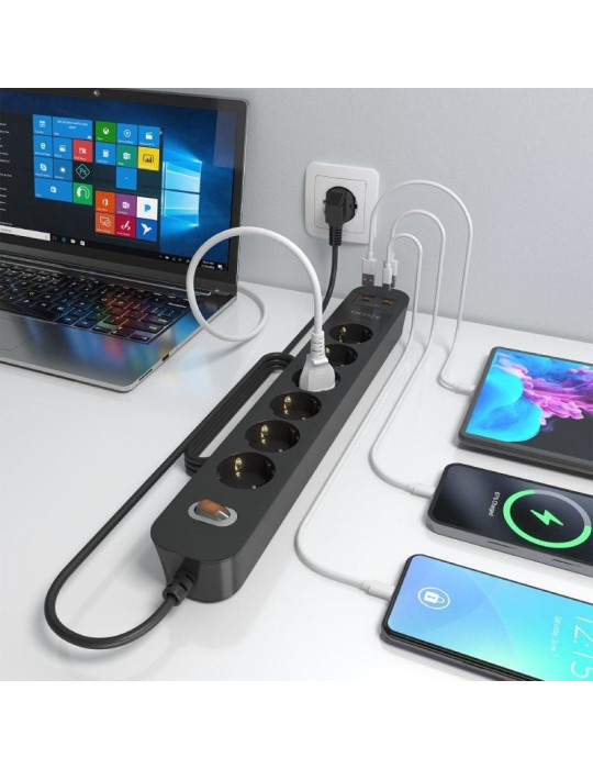 Regleta con Interruptor Aisens ASPS-2A2C17-BK/ 6 Tomas de Corriente/ 2 USB - 2 USB Tipo-C/ Cable 1.4m/ Negro