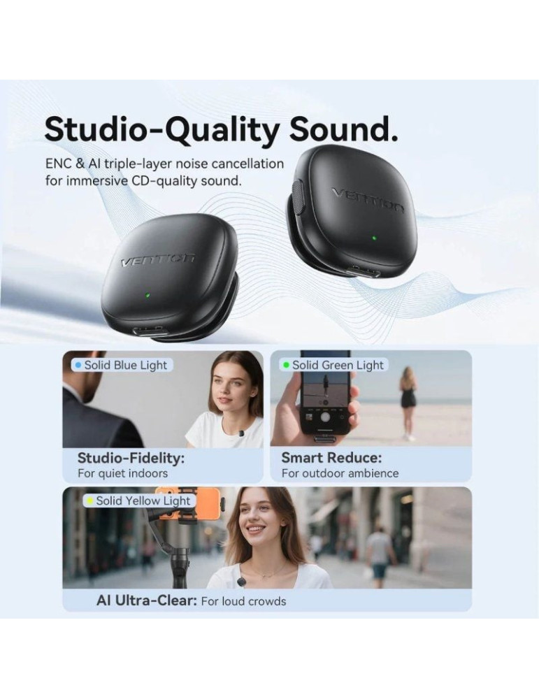 Micrófono Inalámbrico con Clip Vention Lavalier NCDB0/ USB Tipo-C/ Lightning/ Incluye Receptor/ 2 unidades