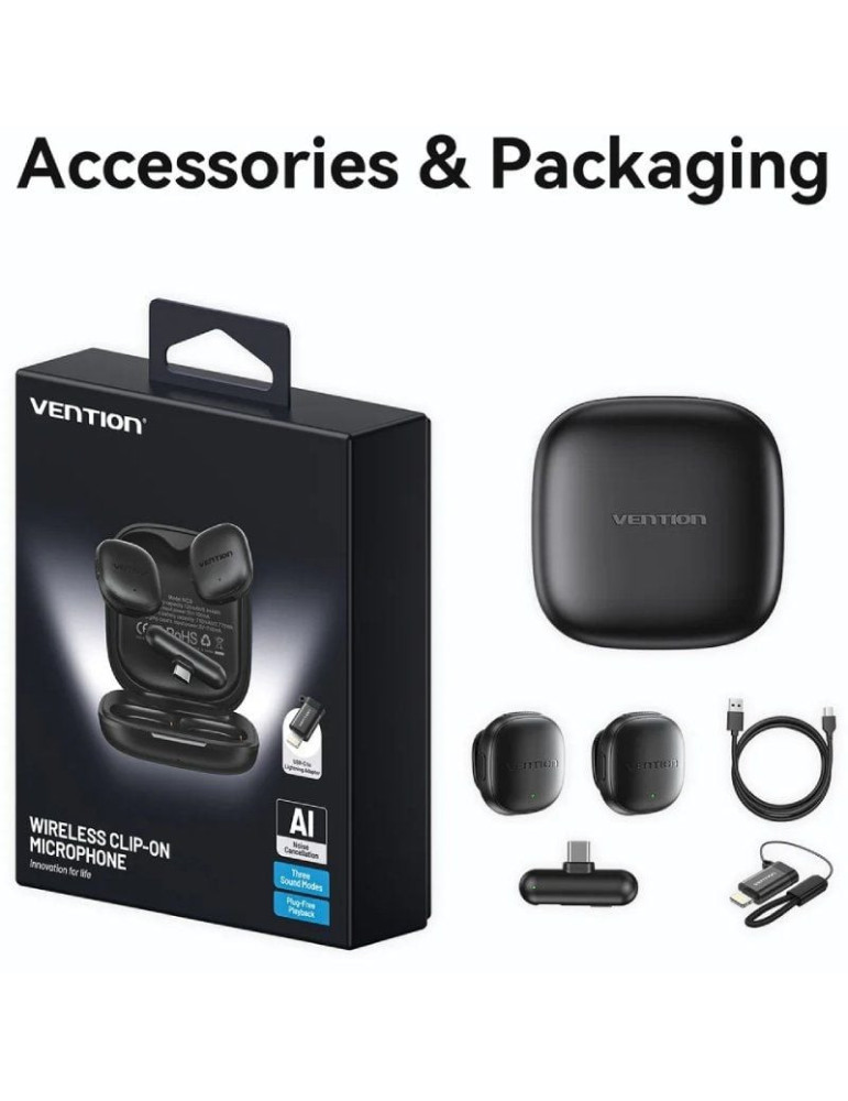 Micrófono Inalámbrico con Clip Vention Lavalier NCDB0/ USB Tipo-C/ Lightning/ Incluye Receptor/ 2 unidades