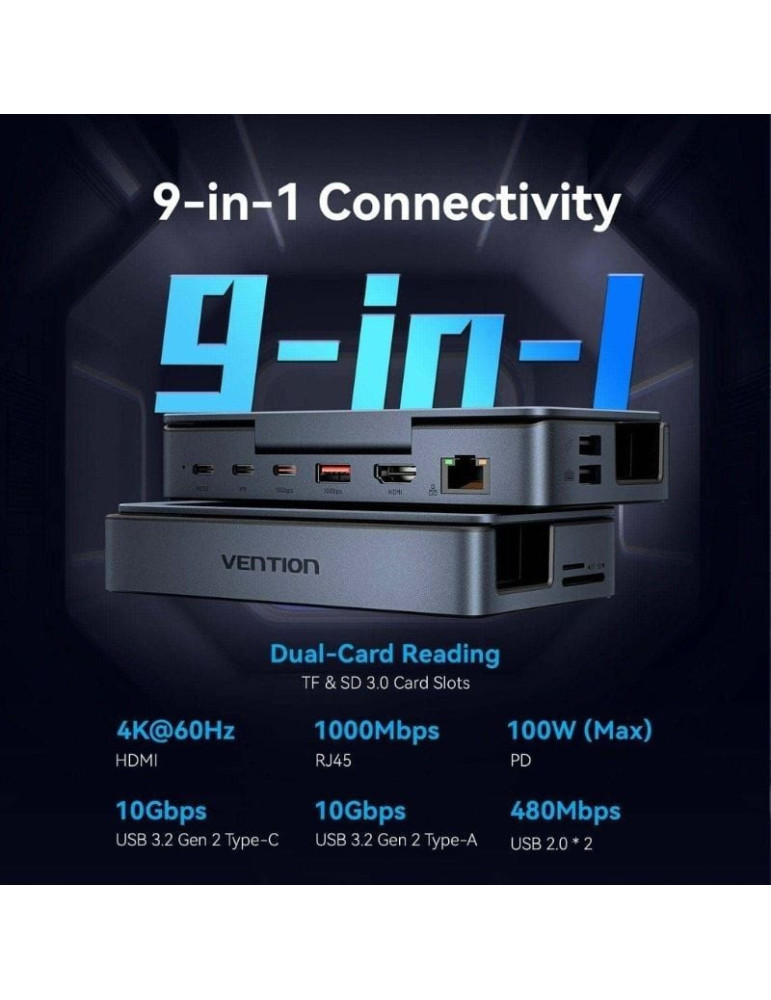 Docking USB Tipo-C para Steam Deck / Switch Vention TPZH0/ 2xHDMI 4K/ 3xUSB/ 1xUSB Tipo-C/ 1xUSB Tipo-C PD/ 1xRJ45/ 1xLector Tar