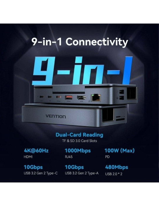 Docking USB Tipo-C para Steam Deck / Switch Vention TPZH0/ 2xHDMI 4K/ 3xUSB/ 1xUSB Tipo-C/ 1xUSB Tipo-C PD/ 1xRJ45/ 1xLector Tar