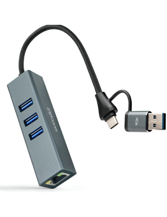Hub USB + USB Tipo-C 3.0 Nanocable 10.03.0412/ 3xUSB/ 1xRJ45/ Gris