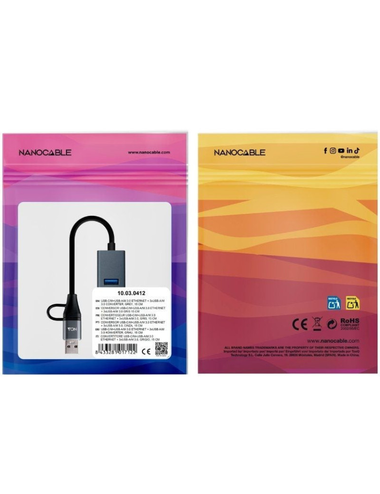 Hub USB + USB Tipo-C 3.0 Nanocable 10.03.0412/ 3xUSB/ 1xRJ45/ Gris
