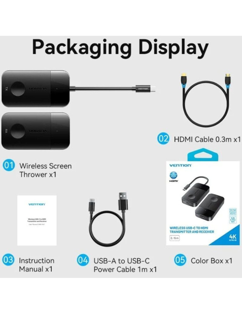 Adaptador/Transmisor de vídeo inalámbrico USB Tipo-C - HDMI Vention ADOBB/ 60W