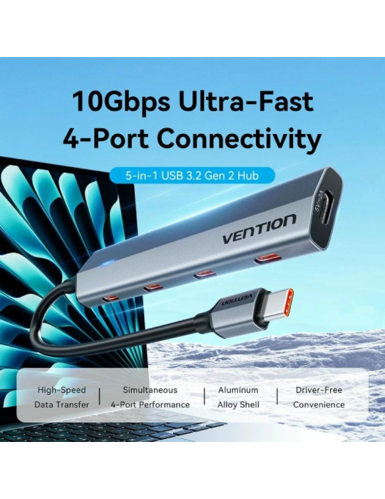 Hub USB Tipo-C 3.2 Vention CKYHB/ 4xUSB Tipo-C/ 1xUSB Tipo-C PD