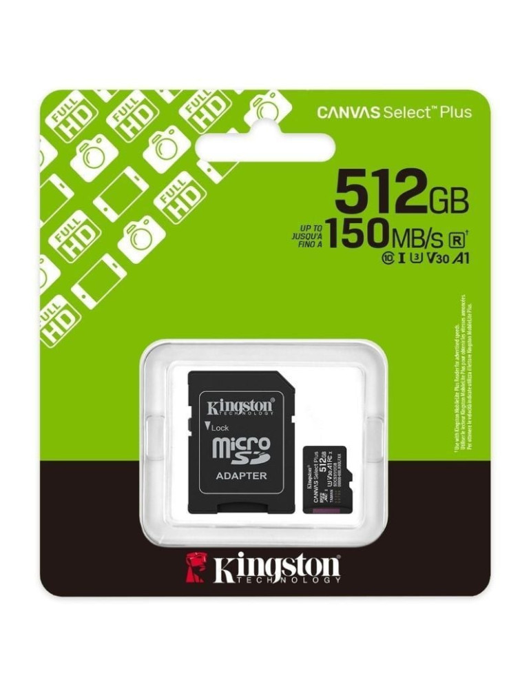 Tarjeta de Memoria Kingston CANVAS Select Plus 512GB microSD XC con Adaptador/ Clase 10/ 150MBs
