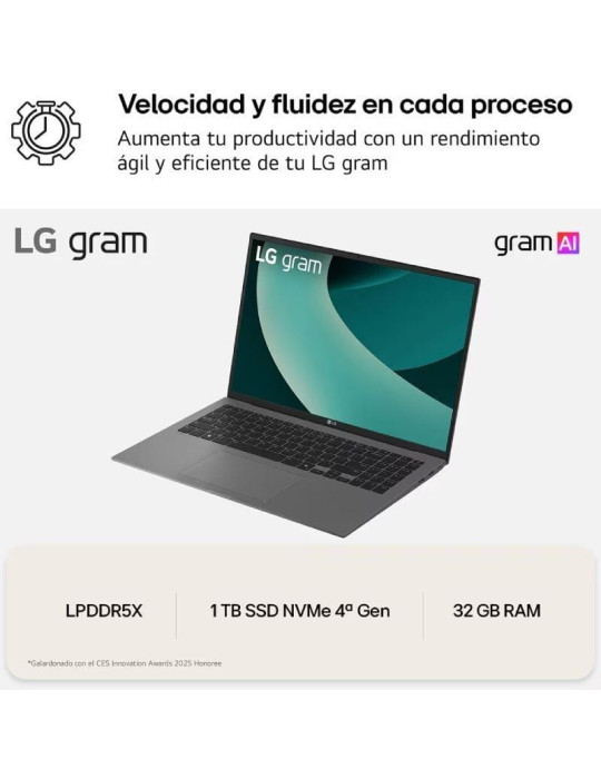 Portátil LG Gram 16Z90TL-G.AU88B Intel Core Ultra 7-258V/ 32GB/ 1TB SSD/ 16"/ Win11