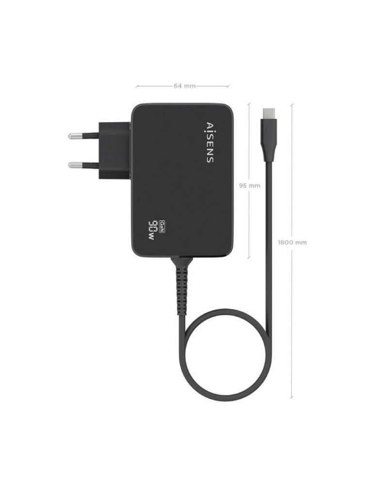 Cargador de Portátil GaN Aisens ASCH-1PD90WL034-BK/ 1xUSB Tipo-C + Cable 1.8m/ 90W/ Automático/ Voltaje 5-20V