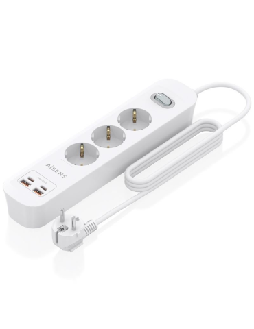 Regleta con Interruptor Aisens ASPS-2A2C10-W/ 3 Tomas de Corriente/ 2 USB - 2 USB Tipo-C/ Cable 1.4m/ Blanco