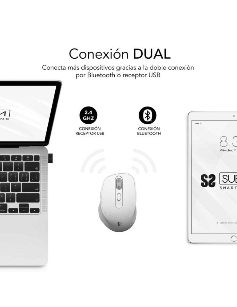 Ratón Ergonómico Inalámbrico por Bluetooth/ 2.4GHz Subblim Comfort Ergo Dual Battery/ Batería recargable/ Hasta 2400 DPI/ Blanco