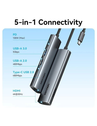 Docking USB Tipo-C Vention TGLHB/ 1xUSB Tipo-C/ 2xUSB/ 1xHDMI 4K/ 1xUSB Tipo-C PD/ Gris 2