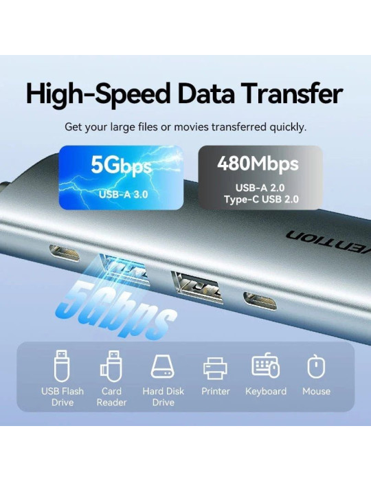 Docking USB Tipo-C Vention TGLHB/ 1xUSB Tipo-C/ 2xUSB/ 1xHDMI 4K/ 1xUSB Tipo-C PD/ Gris