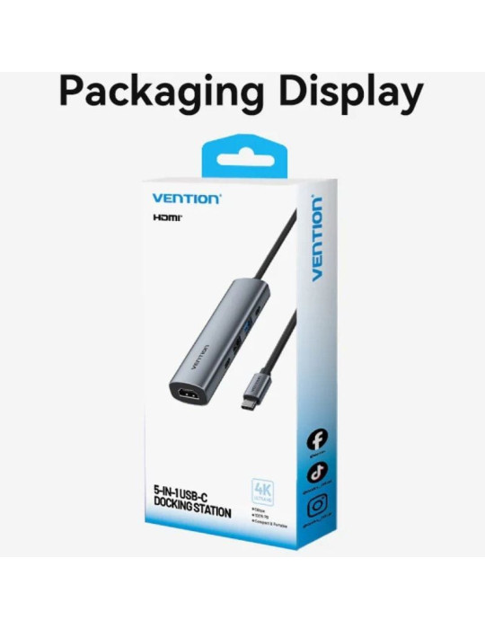 Docking USB Tipo-C Vention TGLHB/ 1xUSB Tipo-C/ 2xUSB/ 1xHDMI 4K/ 1xUSB Tipo-C PD/ Gris