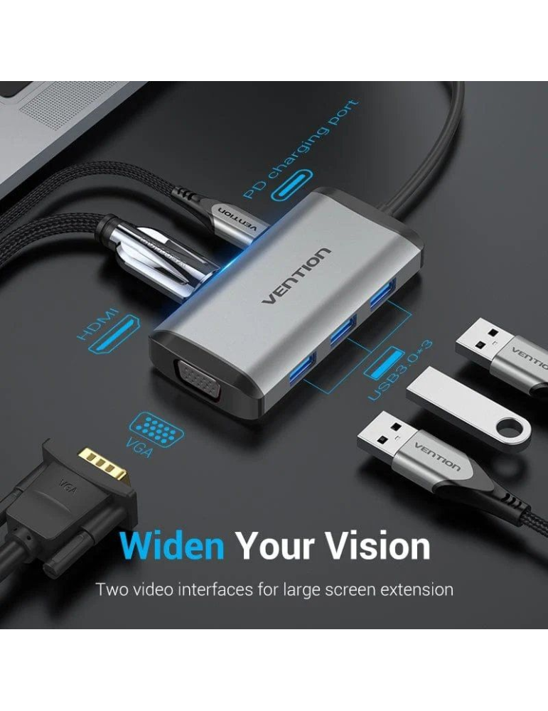Docking USB Tipo-C Vention TGSHB/ 3xUSB/ 1xHDMI 4K/ 1xVGA/ 1xUSB Tipo-C PD/ Gris