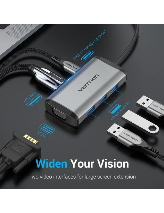 Docking USB Tipo-C Vention TGSHB/ 3xUSB/ 1xHDMI 4K/ 1xVGA/ 1xUSB Tipo-C PD/ Gris