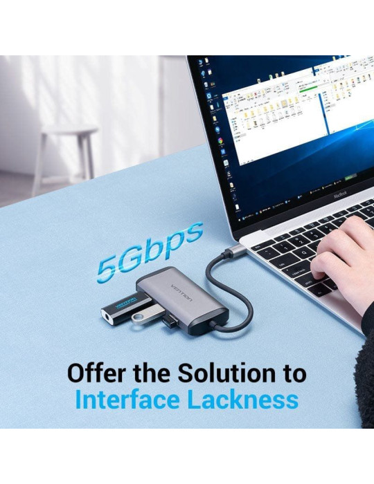 Docking USB Tipo-C Vention TGSHB/ 3xUSB/ 1xHDMI 4K/ 1xVGA/ 1xUSB Tipo-C PD/ Gris