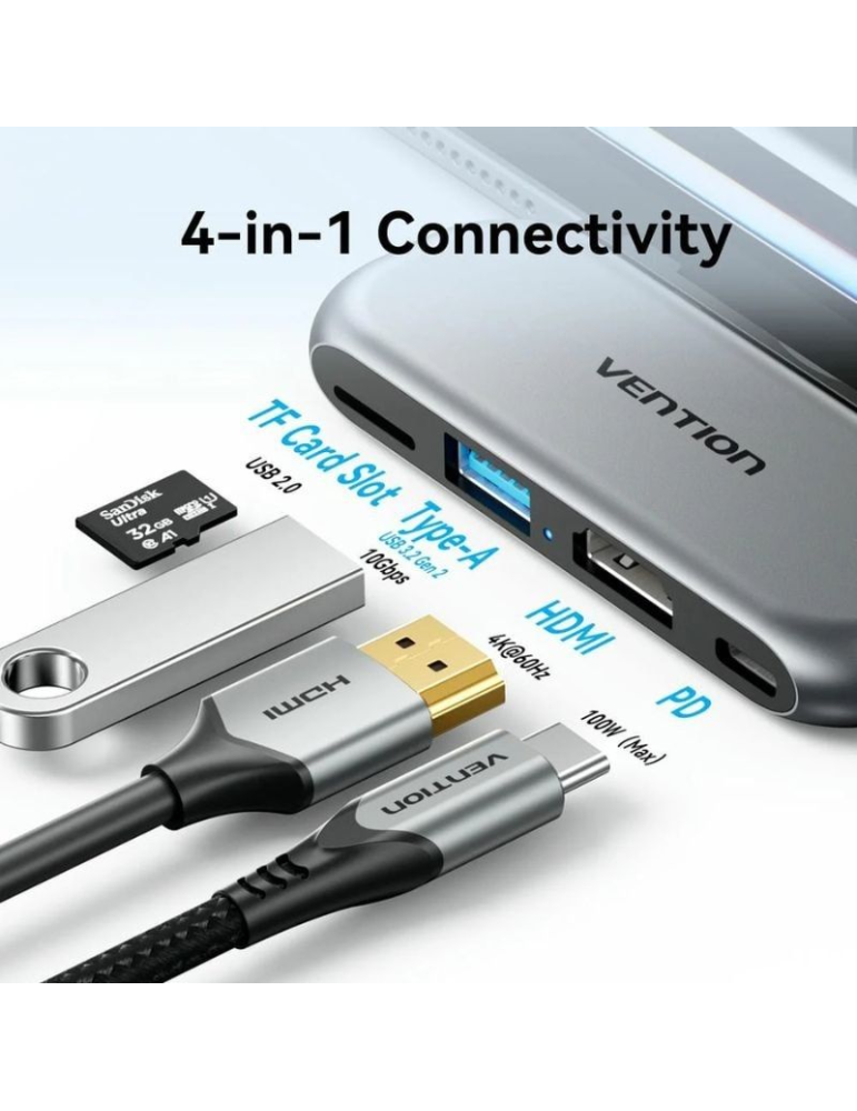 Docking Sin Cables USB Tipo-C Vention THYH0/ 1xUSB/ 1xHDMI/ 1xUSB Tipo-C PD/ 1xLector de Tarjetas/ Gris