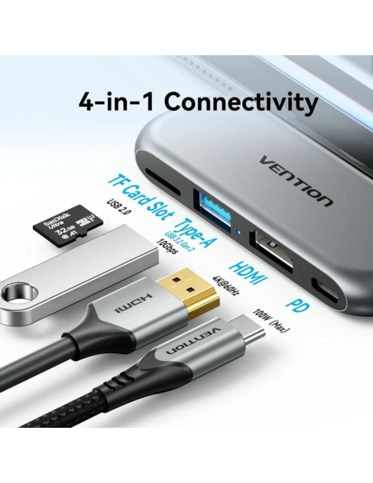 Docking Sin Cables USB Tipo-C Vention THYH0/ 1xUSB/ 1xHDMI/ 1xUSB Tipo-C PD/ 1xLector de Tarjetas/ Gris