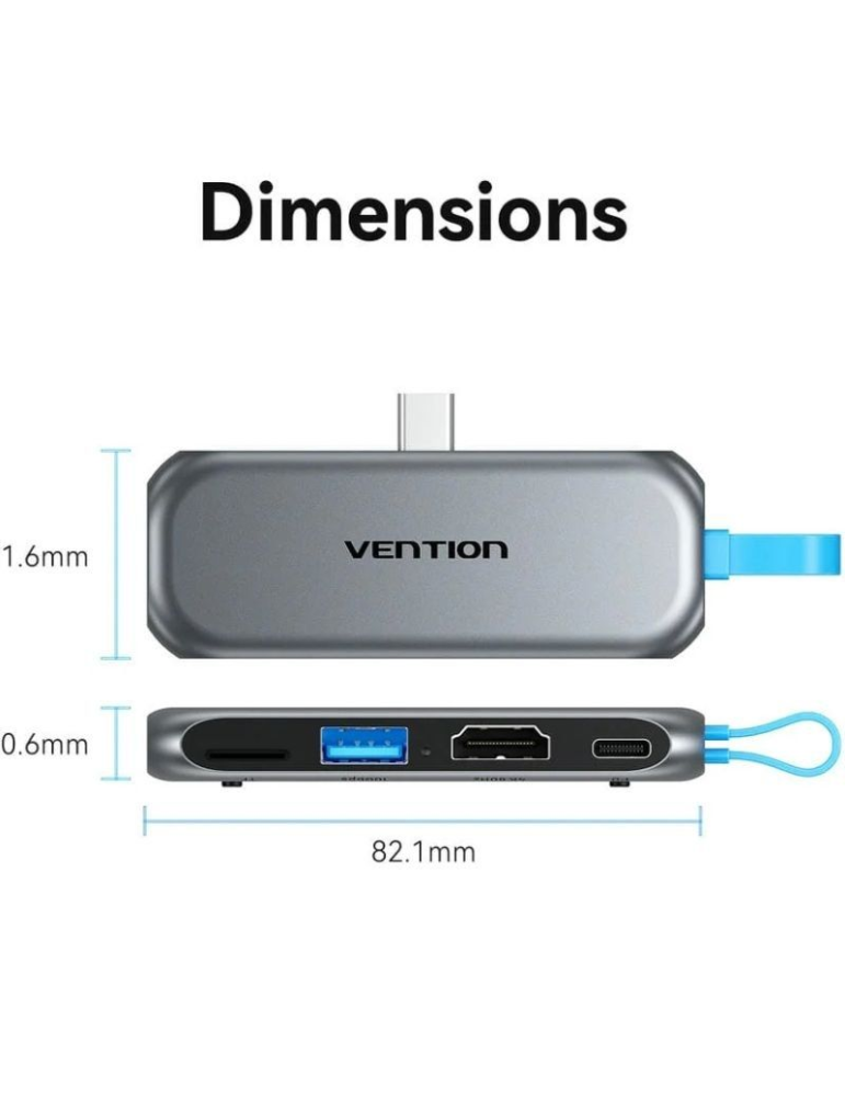 Docking Sin Cables USB Tipo-C Vention THYH0/ 1xUSB/ 1xHDMI/ 1xUSB Tipo-C PD/ 1xLector de Tarjetas/ Gris