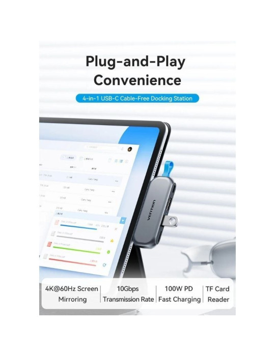 Docking Sin Cables USB Tipo-C Vention THYH0/ 1xUSB/ 1xHDMI/ 1xUSB Tipo-C PD/ 1xLector de Tarjetas/ Gris