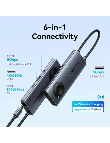Docking USB Tipo-C con Carga Inalámbrica Vention TPMHB/ 1xHDMI 4K/ 2xUSB/ 1xUSB Tipo-C/ 1xUSB Tipo-C PD/ Gris 2