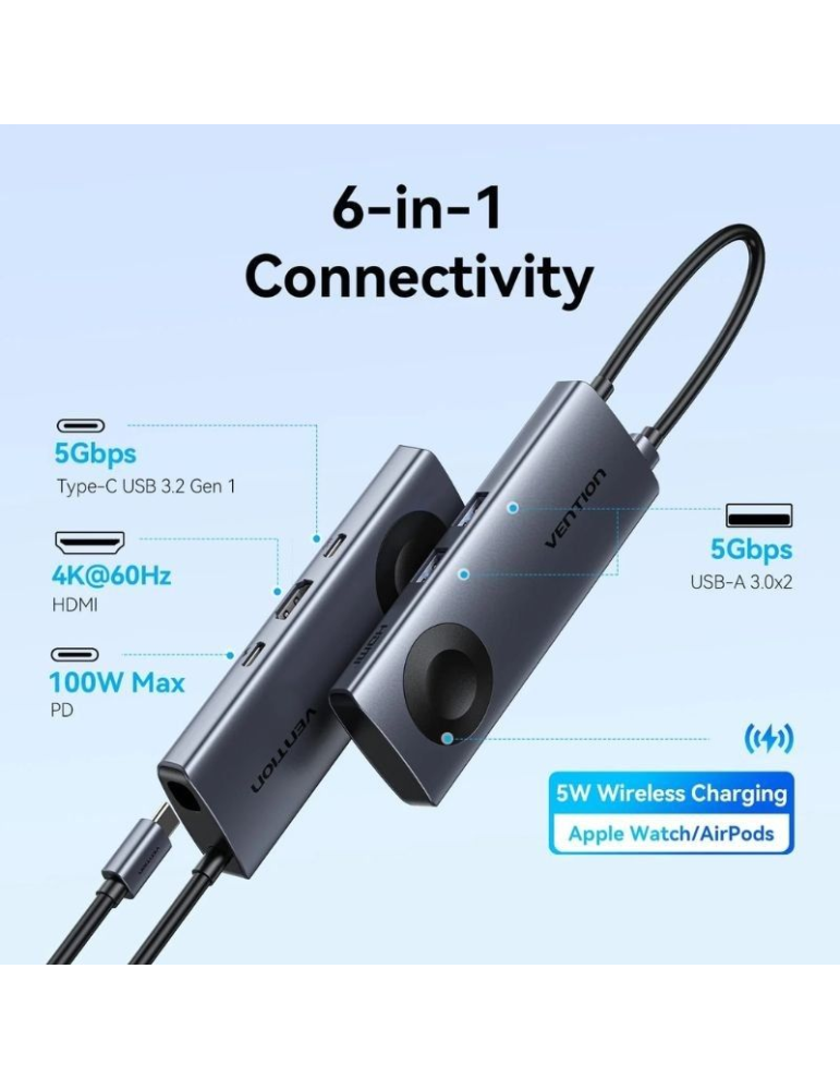 Docking USB Tipo-C con Carga Inalámbrica Vention TPMHB/ 1xHDMI 4K/ 2xUSB/ 1xUSB Tipo-C/ 1xUSB Tipo-C PD/ Gris