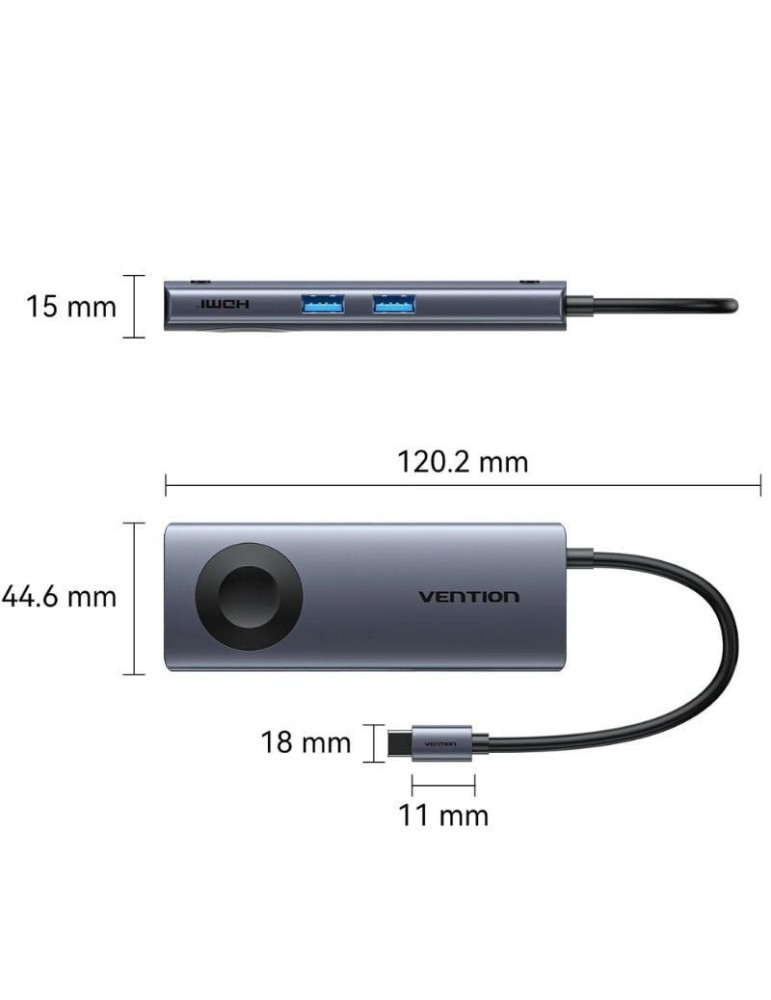 Docking USB Tipo-C con Carga Inalámbrica Vention TPMHB/ 1xHDMI 4K/ 2xUSB/ 1xUSB Tipo-C/ 1xUSB Tipo-C PD/ Gris
