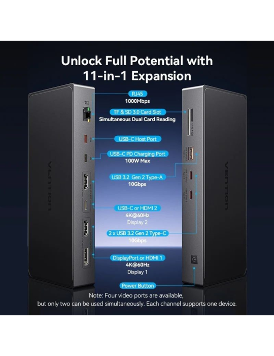 Docking USB Tipo-C Vention TPWH0/ 2xHDMI 4K/ 1xDisplayPort/ 3xUSB/ 2xUSB Tipo-C/ 1xUSB Tipo-C PD/ 1xRJ45/ 1xLector Tarjetas/ Gri