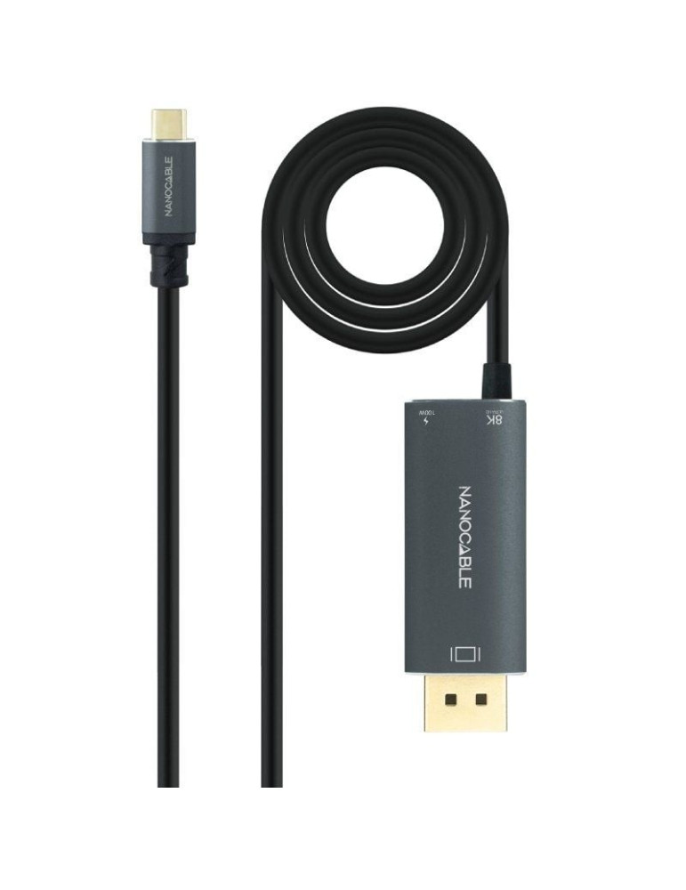 Cable Conversor Nanocable 10.15.5012/ USB Tipo-C Macho - DisplayPort 8K Macho/ USB Tipo-C Hembra/ Hasta 100W/ 1.8m/ Gris