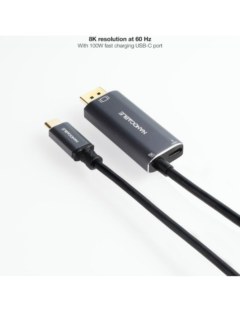 Cable Conversor Nanocable 10.15.5012/ USB Tipo-C Macho - DisplayPort 8K Macho/ USB Tipo-C Hembra/ Hasta 100W/ 1.8m/ Gris