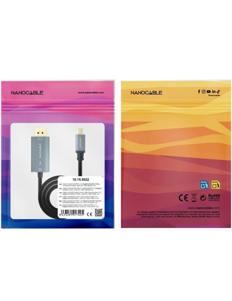 Cable Conversor Nanocable 10.15.5022/ USB Tipo-C Macho - Displayport Macho/ 2m/ Negro