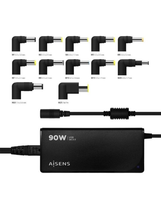 Cargador de Portátil Aisens ASLC-90WAUTO-BK/ 1xUSB/ 90W/ Automático/ 12 Conectores/ Voltaje 15-20V