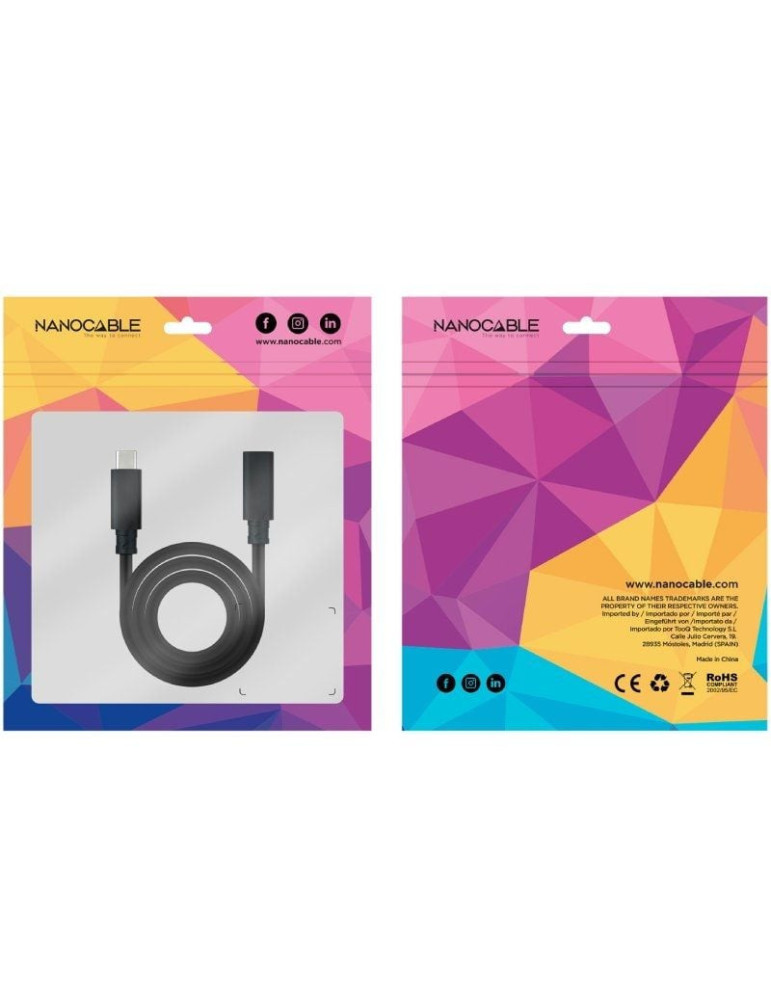 Cable Alargador USB Tipo-C 3.2 Nanocable 10.01.4500/ USB Tipo-C Macho - USB Tipo-C Hembra/ 50cm/ Negro