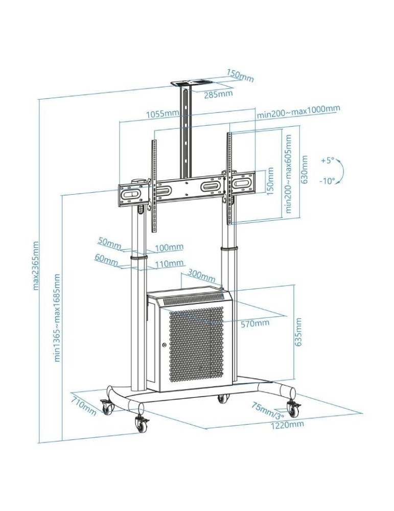 Soporte de Suelo Inclinable con Ruedas TooQ Narnia FS20500M-B para TV de 60-100"/ hasta 100kg