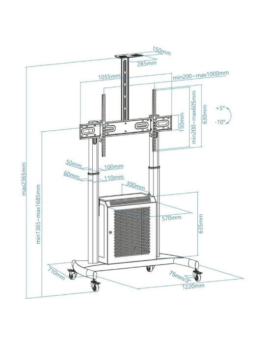 Soporte de Suelo Inclinable con Ruedas TooQ Narnia FS20500M-B para TV de 60-100"/ hasta 100kg