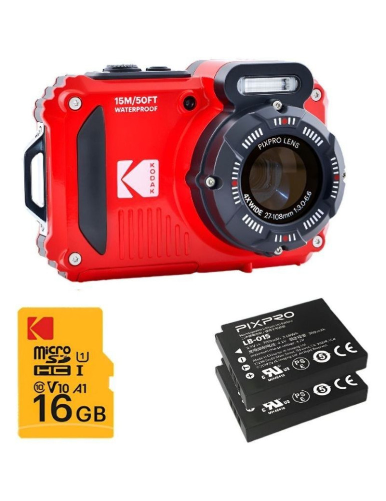 Pack Cámara Digital Kodak Pixpro WPZ2RD6 + 2 Baterías + 1 MicroSD/ 16MP/ Zoom Óptico 4x/ Rojo