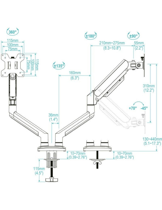 Soporte de Mesa para 2 Monitores TooQ DB1434TNR-W/ Giratorio/ Inclinable/ hasta 10kg