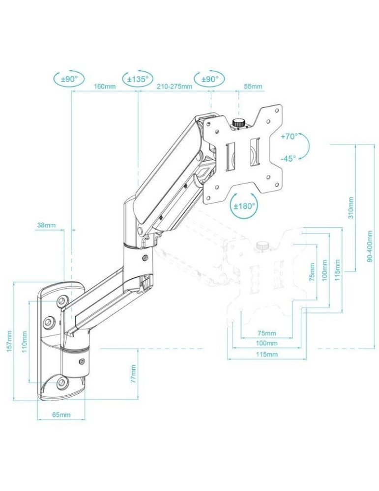 Soporte de Pared para Monitor TooQ LP1334TNR-B/ Giratorio/ Inclinable/ Rotatorio/ hasta 10kg