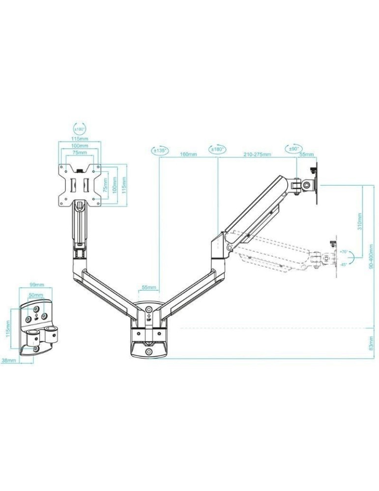 Soporte de Pared para 2 Monitores TooQ LP1434TNR-B/ Giratorio/ Inclinable/ Rotatorio/ hasta 10kg