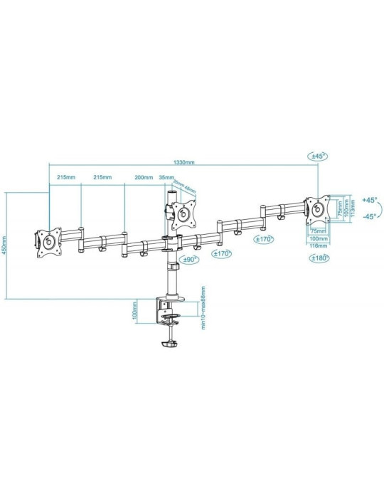 Soporte de Mesa para 3 Monitores TooQ DB1327TN-B/ Giratorio/ Inclinable/ hasta 8kg