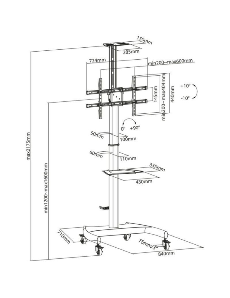 Soporte de Suelo Inclinable/ Giratorio con Ruedas y Manivela Aisens FT70TE-169 para TV 37-70"/ hasta 50kg